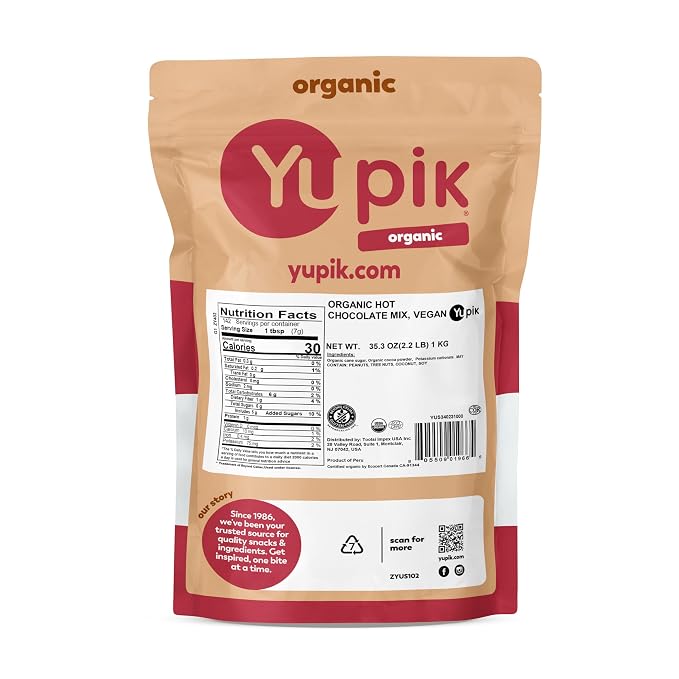 Yupik Organic Hot Chocolate Mix, 2.2 lb (35.2 oz), Vegan, Gluten-Free, GMO-Free, Dairy-Free, Kosher, Cocoa Powder, Mix Easily, Plant-Based Chocolate Beverage, Hot Cocoa Mix
