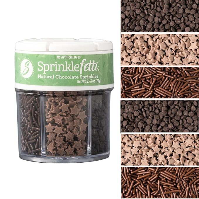 Sweets Indeed Dye Free Chocolate Sprinkles 6 Cell Jar – No Artificial Dyes Quins, Jimmies and Star Sprinkles for Baking & Decorating Cupcakes, Cookies, Cakes & Desserts – 2.75 ounces