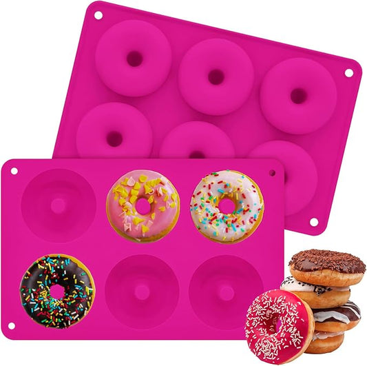 2er Pack Silicone Donut Mold - Non-Stick Silicone Doughnut Pan DIY Chocolate Baking Cookie Molds, Heat Resistant, Make Donut Cake Biscuit Bagels, BPA Free Dishwasher Safe (rose red, 6 Cavities)