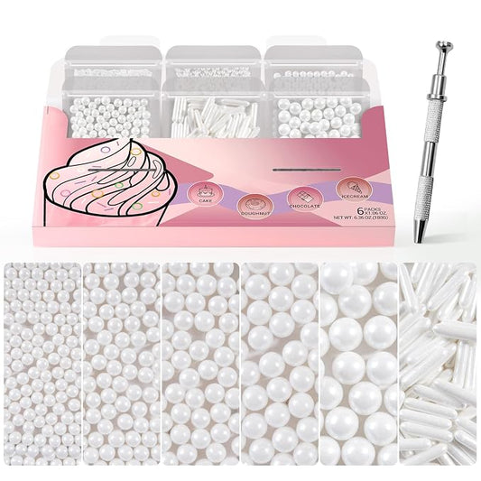 HUEBEATY White Edible Pearls Sprinkles Set with Claw Sprinkle Pen, 6.36oz – Assorted White Cake Sugar Pearls (2mm–10mm) and Sugar Rods Sprinkles for Cake, Cupcakes, Cookies, Wedding & Valentine Desserts