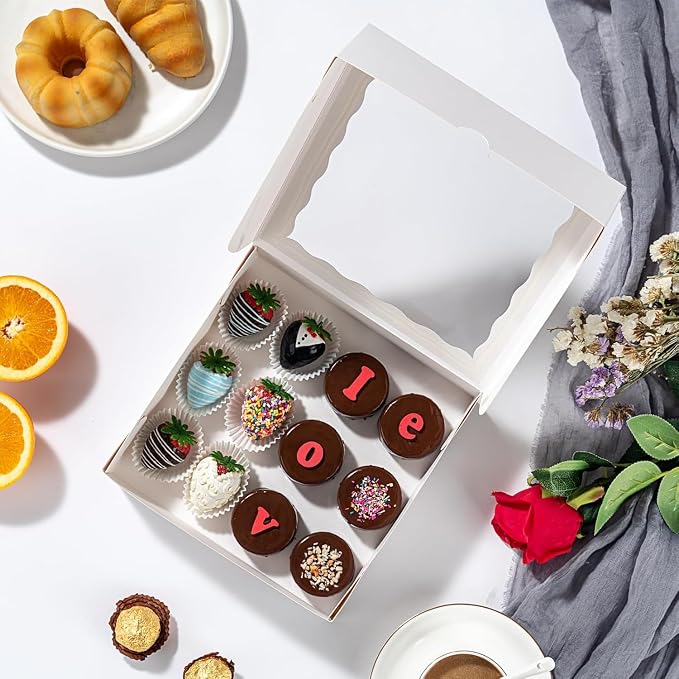 RomanticBaking 15pcs 8x8x2 Inches Bakery Boxes with Window Cookies Boxes Chocolate Covered Strawberries Box Bakery Treat Box Packaging for Cakesickle Pie Chocolate Truffle Easter