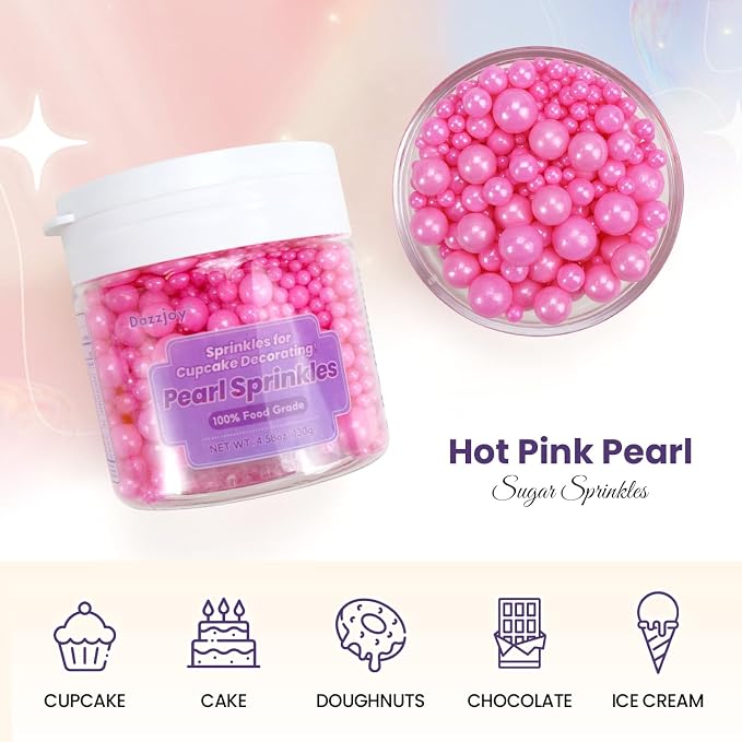 Dazzjoy Edible Hot Pink Pearl Sprinkles, Edible Sugar Candy, 130g/4.58oz, Pink Ball Pearls for Cake Decorating, Cupcake Toppers, Baking Cake Decoration, Wedding Party Holiday Supplies