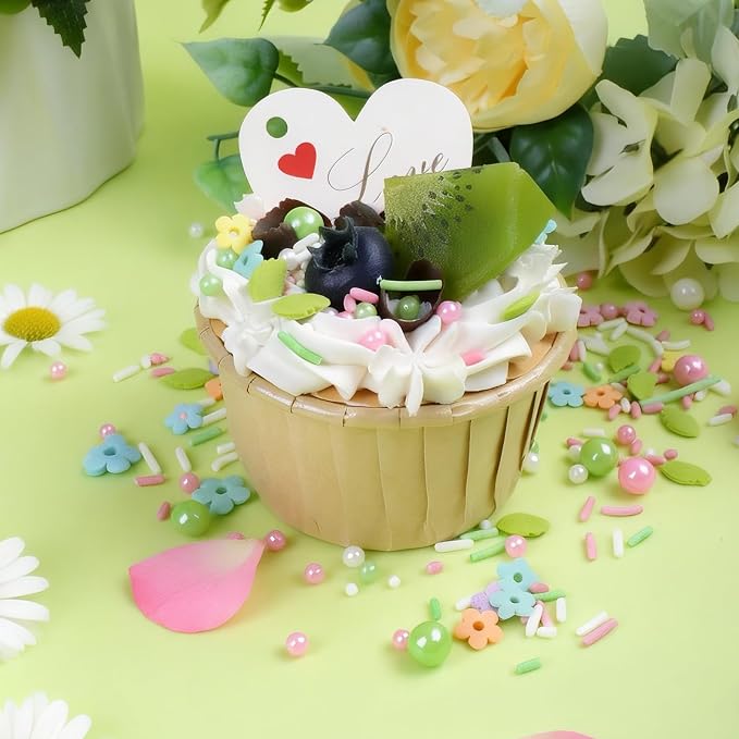 Pastel Flowers Sprinkles for Cake Decorating, 4.6oz/130g - Edible Flower Mix with White, Green & Pink Pearls Sprinkles, Leaves & Jimmies for Baking, Cookies, Cupcakes, Donuts, Ice Cream Toppings