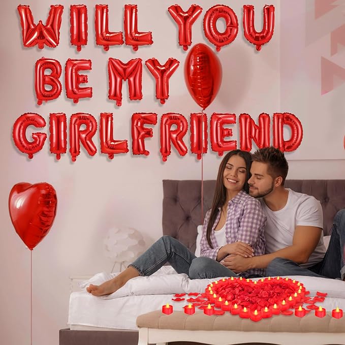 Will You Be My Girlfriend Balloon Proposal Decor 24 LED Flameless Tealight Heart Candle 2000 Artificial Rose Petals Love Balloon for Engagement Wedding Decor Romantic Special Night(Red)
