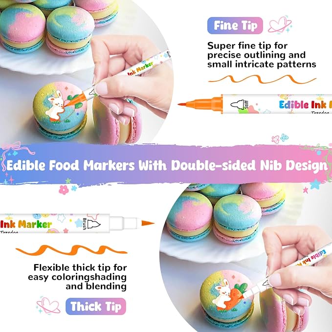 Food Coloring Marker Pens,12Pcs Dual Sided Food Grade and Edible Markers with Fine&Thick Tip,Edible Pen Gourmet Writers for Decorating Cake,Cookies,Fondant,Frosting,Easter Eggs,Painting,Drawing,Baking( For 12+ Year Old)