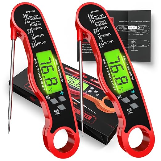 AWLKIM 2 Pack Digital Meat Thermometer, Instant Read Thermometer, Red | 2-pack grill and kitchen thermometers with backlit displays and magnetic storage