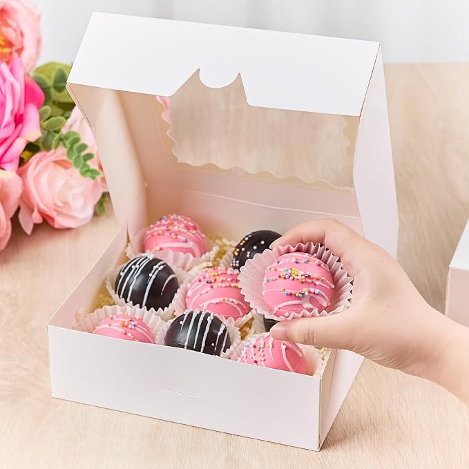 Kucoele Pie Boxes, 8 x 8 x 2.5 Inches, 20 PCS, White | Auto-Popup, with Window, Bakery Boxes, Cookie Boxes, Treat Boxes, For Chocolate Strawberries, Pastries, Muffins, Donuts