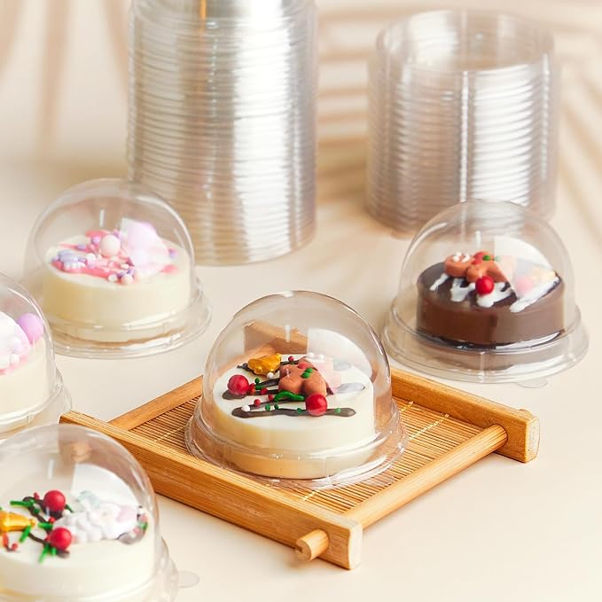 Zezzxu 100 Pack Mini Cake Containers, Clear Plastic Small Cupcake Boxes with Dome Lids for Individual Chocolate Covered Cookies, Strawberry, Mooncake (Clear Base)