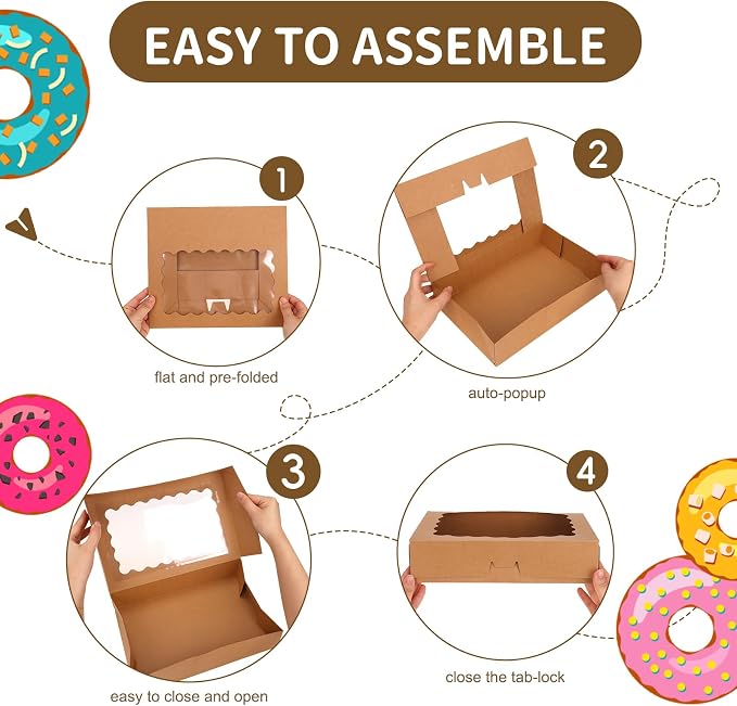 Moretoes 24pcs Bakery Boxes with Window, 12x8x2.5 Inches Auto-Popup Cookie Boxes for Muffins and Pastries (Brown)
