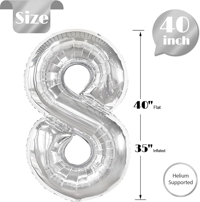 Silver 8 Balloon, Number Balloons 40 Inch, 8th Birthday Decorations for Boys Girls, Silver Birthday Balloons, Silver Party Supplies, Number 8 Balloon