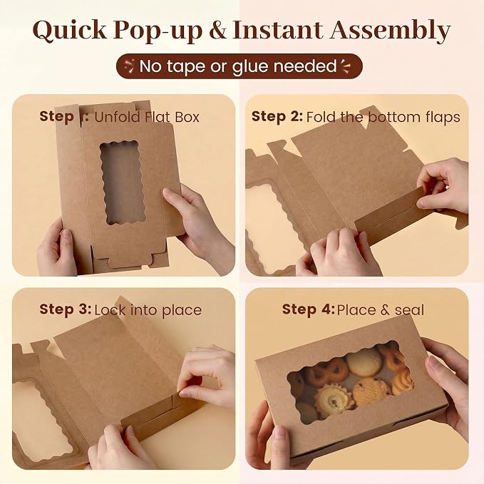 VGOODALL 20PCS Cookie Boxes, 7" x 4.3" x 1.5" Brown Bakery Boxes with Window Cupcake Containers for Pastry Candy Cupcake Strawberry, Party Supplies