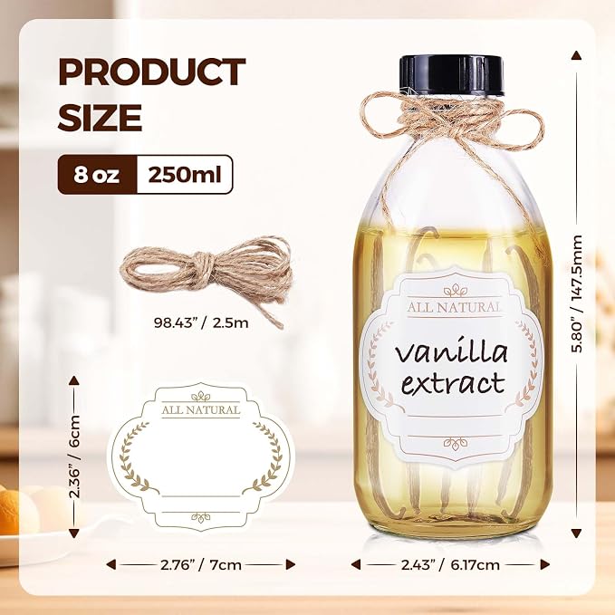 12 Pack, 8 OZ Glass Bottles with Lids Leakproof Refilllable Empty Boston Sample Dispensing Bottles for Homemade Vanilla Extract, Essential Oils, Potion, Juice, Ginger Shots, Liquids (Clear)