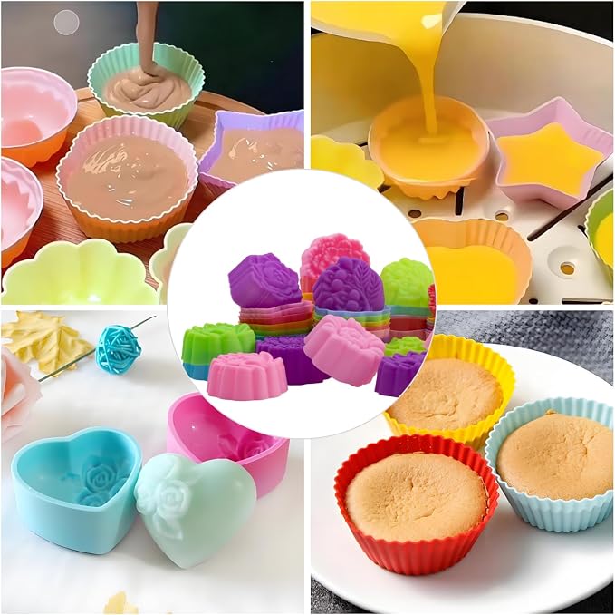 42 Pcs Silicone Cupcake Molds - Multi-Shape Non-Stick Baking Cups, Reusable and Washable for Cupcakes, Muffins, and Party Treats – 6 Stylish Flowers Designs (Style2)