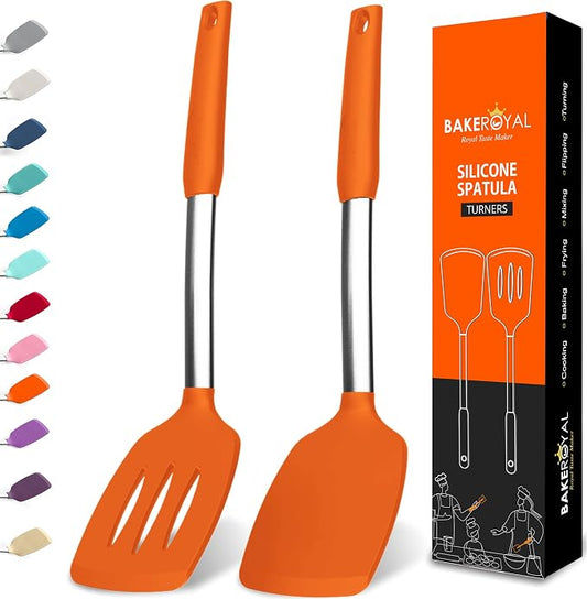 BakeRoyal Silicone Spatula Set - Turner Spatulas Silicone Heat Resistant 600°F - Slotted & Solid Silicone Spatulas for Cooking Fish, Eggs, Pancakes Flipper – Silicone Cooking Utensils Set – Orange