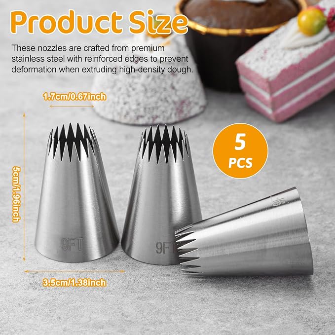 5Pcs 9FT Large Piping Tips for Cake Decorating, Frosting Piping Kit, Stainless Steel Churro Piping Tip, Extra Large Piping Tips, Open Star Pastry Tips, Cake Decorating Kit for Cupcake Cookie