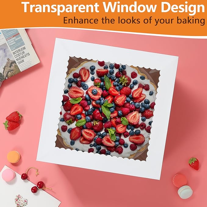 20 Packs Cake Box 8 inch with Cake Board and Clear Windows (10 Pcs Box + 10 Pcs Board) Disposable Cake Containers Bakery Take Out Container Cake Carrier for Cookies Pies (8x8x8inch)