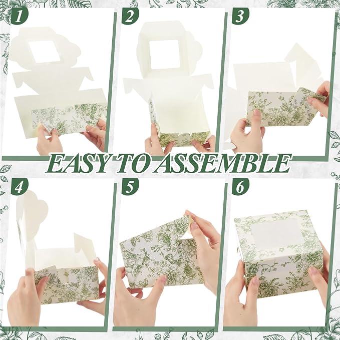 50 Pack Sage Green Floral Cookie Boxes with Window, Chinoiserie Small Bakery Treat Boxes for Pastry Donuts Macaroon Cupcakes, Wedding Bridal Shower Birthday Tea Party Baby Shower Favors