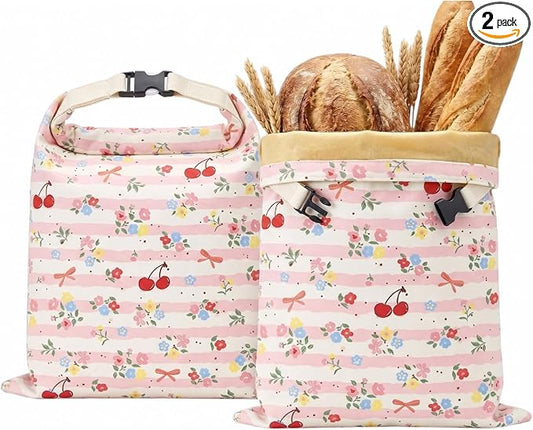 Bread Bags for Homemade, Natural Beeswax Bread Bag 2 Pack XL 13x17 Inch, Reusable Organic Cotton Linen Storage Bags, Beeswax Bread Bags for Sourdough, Keeps Bread Fresh Longer (Cherries)