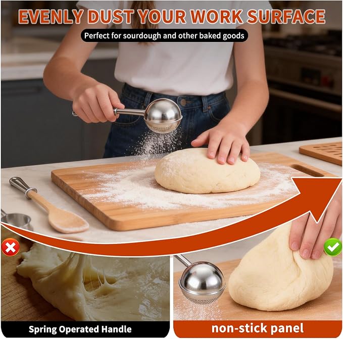 Sourdough Flour Duster for Baking, Powdered Sugar Duster, One-Handed Operation Flour Dusting Wand, 304 Stainless Steel with Spring-Operated Handle, Easy to Use, Perfect for Sourdough Bread