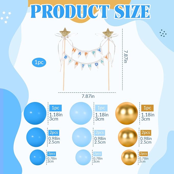 16 Pcs Happy Birthday Cake Topper Cake Bunting Topper Banner with Wood Pole Rainbow Garland with Bow Ribbon Balloon, Mini Cupcake Decor for Birthday Baby Shower (Gold,Light Blue,Dark Blue)