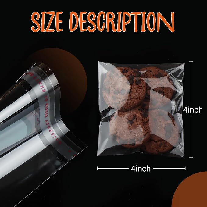 200Pcs Cookie Bags， Self Sealing Cellophane Bags 4x4 Inch, Resealable Treat Bag for Fresh Cookies, Candy, Gifts, and Party Favors