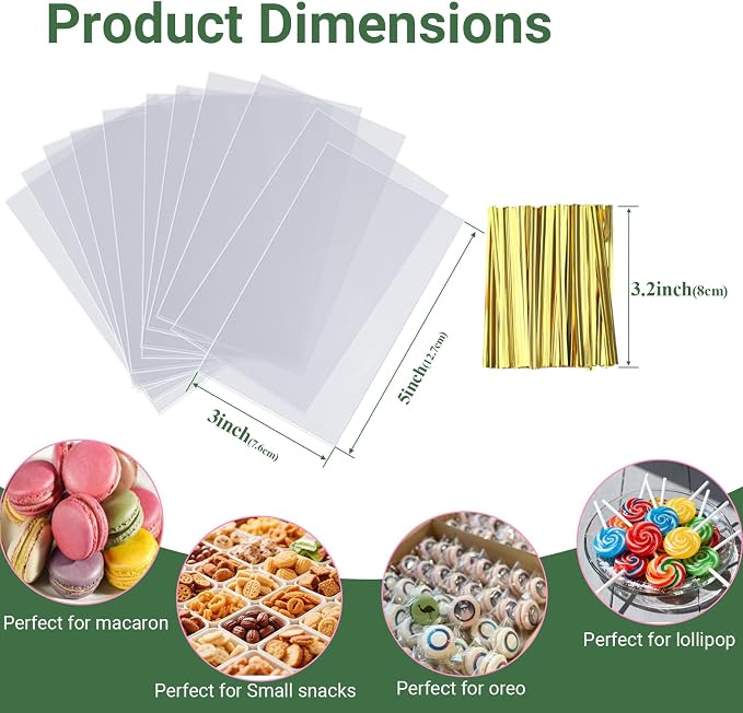 ROSPAKTEK 200 Pcs Cellophane Treat Bags 3x5 Inch with 200 Twist Ties - OPP Plastic Cake Pop Bags for Lollipop, Candy, Chocolate, Cookie Wrapping & Buffet