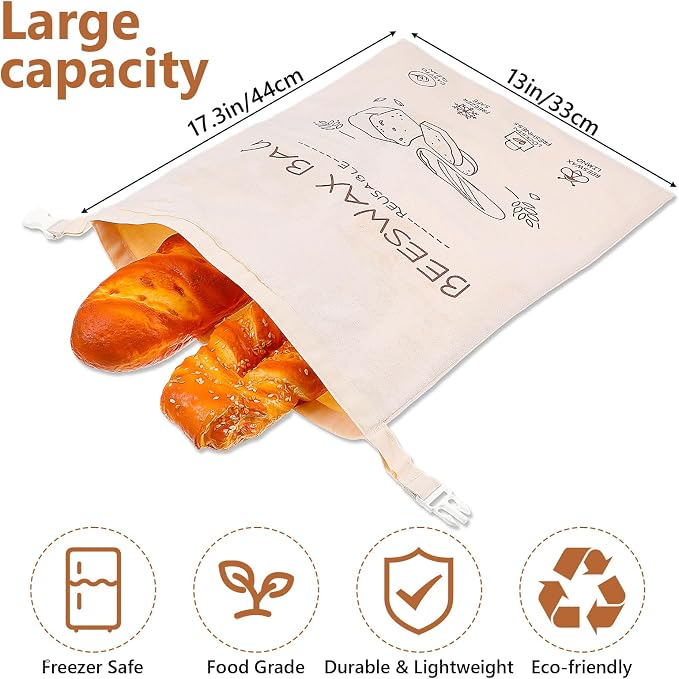 2-Pack 13x17 Inch Reusable Beeswax Bread Bags XL Linen Food Storage Bag for Sourdough & Homemade Bread, Freezer Safe, Eco-Friendly