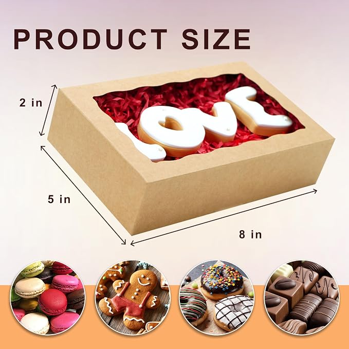 20pcs 8x5x2 Inch Cookie Boxes Bakery Boxes with window Chocolate Covered Strawberries Box Treat Box for Macaroon Dessert Pastry Muffins-Brown