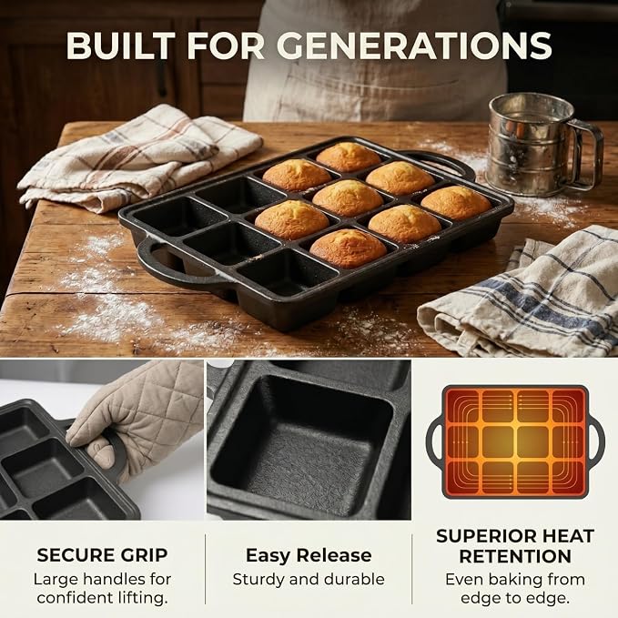 Flavehc 2Pack Cast Iron Brownie Pan with Dividers Individual 12 Cup Cavity Cast Iron Baking Pan for Brownies Square Muffin Pans Molds