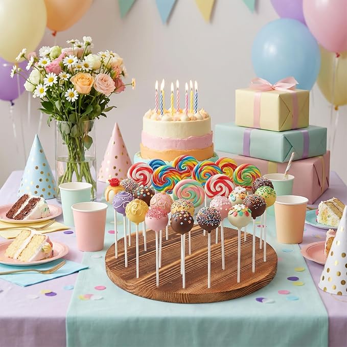 Revolving Cake Pop Holder with 100 Sticks, 97-Hole Wood Lollipop Holder with Rotatable Base, Lollipop Table Display Stand, Round Cake Pop Drying Stand, for Wedding Birthday Holiday Parties Decor