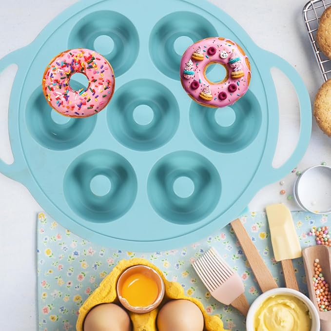 Kichvoe Silicone Donut Mold 7-cavity Non-stick Baking Pan Small Cake Mold Nordic Green Reusable Silicone Baking Tray for Home Cake Making