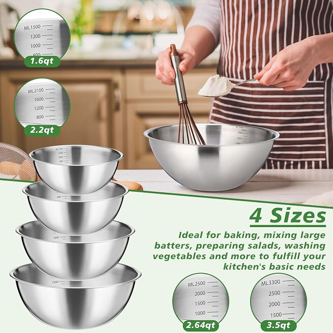 Honeydak 8 Pack Stainless Steel Mixing Bowls Set Nesting Bowls with Scale Includes 1.3, 1.7, 2.6, and 3.2 Qt Meal Prep Bowl Stainless Steel Salad Bowl Dishwasher Safe for Baking Cooking Prepping