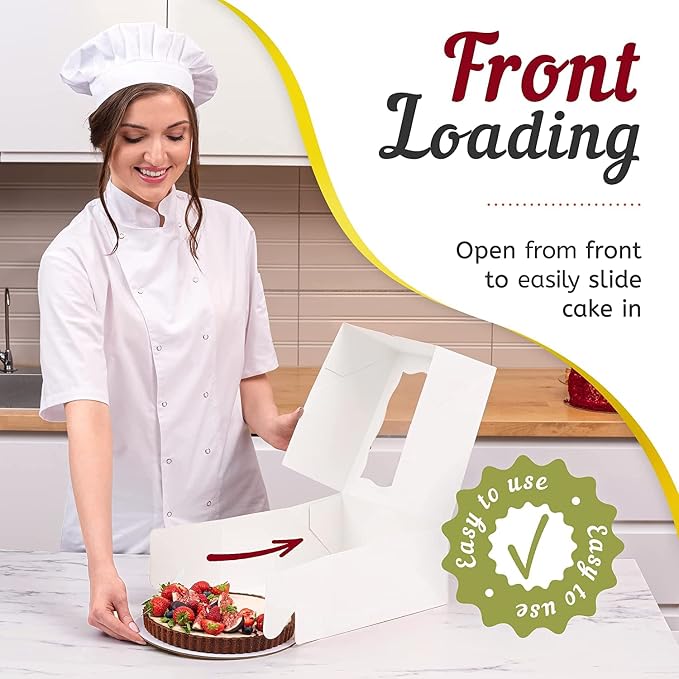 12 Cake Boxes With Cake Boards Set 10", Sturdy, Greaseproof, Front-Loading | Cheesecake Boxes 10 Inch with Thick Cake Boards, Disposable Cake Board & Box Set, Cardboard Pastry & Bakery Boxes With Window