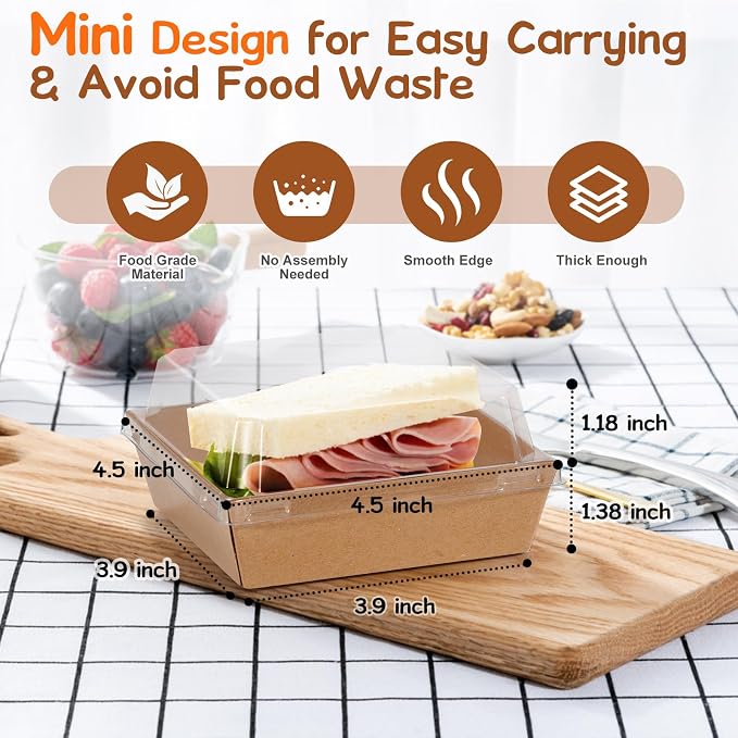 Mini Charcuterie Boxes with Clear Lids, 4.5x4.5 Inches 100 Pack Dessert Boxes Square Disposable Bakery Boxes to Go Food Containers for Daughter, Wedding, Party, Valentine, Donuts & Cookies