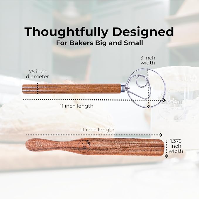Dutch Dough Whisk & Teak Spurtle Set; Premium Stainless Steel Sourdough Whisk, Wooden Starter Jar Spatula; Sourdough Bread Baking Supplies for Home Bakers; BPA-Free, Bread Making Tools