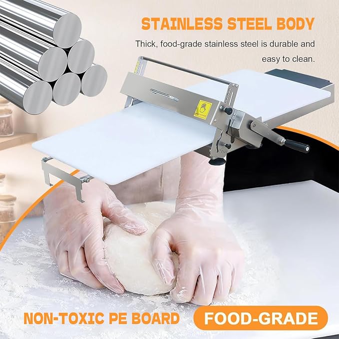 Manual Dough Sheeter Machine, Folding Stainless Steel Dough Roller Machine, 0-27mm Thickness Adjustment, with Press Panel, Ideal for Baking Pizza, Croissants and Puff Pastry