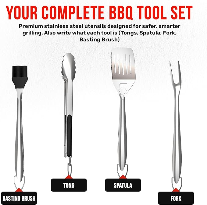 Grillbot 4-Piece Grill Utensils Kit, BBQ Accessories Grill Tools Set, Stainless Steel Barbecue Grill Accessories for Outdoor Grill (Tongs, Spatula, Fork, Basting Brush) Grilling Gifts for Men Dad