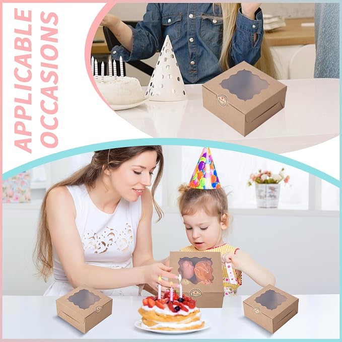100 pcs 6x6x3 Inches Small Cake Box with Window, Bakery Pastry Cookie Boxes, Mini Pie container for Pastry,Dessert,Strawberries,Chocolates, Cupcakes with paper stickers (Brown)