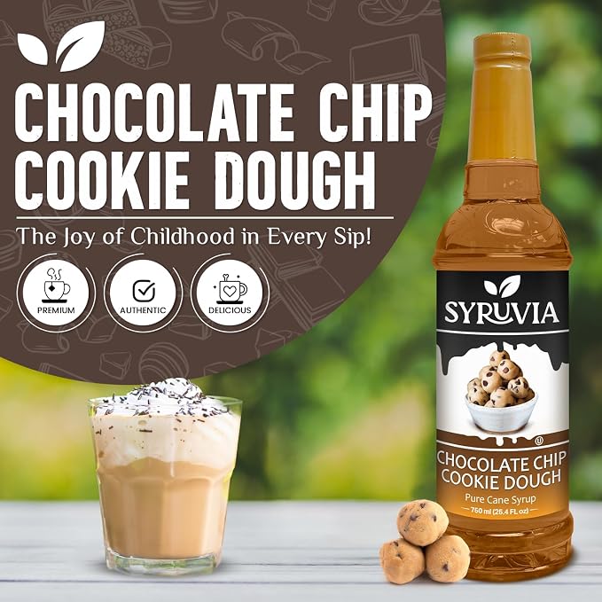 Syruvia Coffee Syrup, Chocolate Chip Cookie Dough Flavored Syrup for Drinks, Lattes, and Desserts – 25.4 fl oz - with Pump