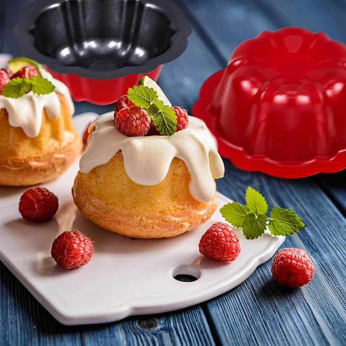 Ctosree 24 Pcs 4 Inches Fluted Mini Cake Pan Nonstick Fluted Cake Pan Carbon Steel Tube Metal Tube Oven Baking Mold with Flower Shape for Cupcake (Red)