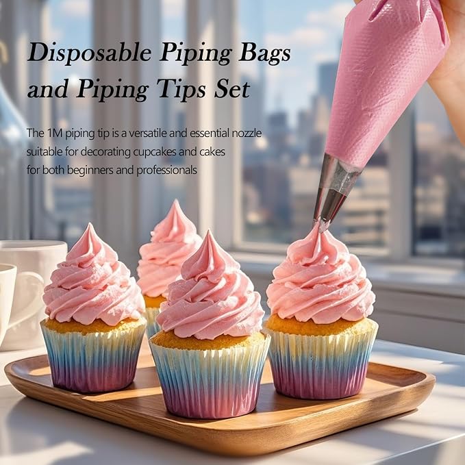 Large 1M Open Star Stainless Steel Piping Tips, 3 Pieces | 20 Disposable Piping Bags, For Cake Decorating, Cupcakes Icing and Frosting