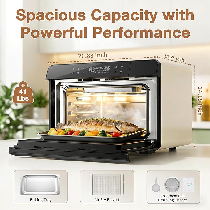 ROBAM Toaster Air Fryer Combi Oven, Countertop Steam Oven 14-in-1 with Convection Steam Roast & Bake, Multi-Stage Cooking, Self-Clean, 7 Modes, 30 Built-In Recipes, for Kitchen Pizza Baking (White)