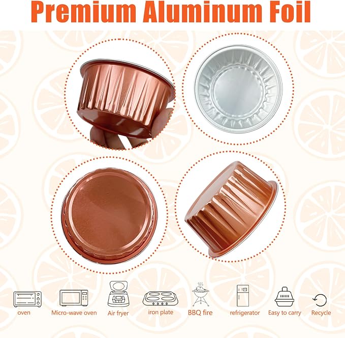 100Pcs Aluminum Cups with Lids,5oz Disposable Ramekin Baking Cups Muffin Liners Mini Pie Pans Foil Cupcake Containers for Christmas Party Wedding Party,Orange