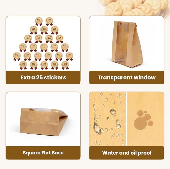 WIKDAY Bakery Bags with Window 100PCS Paper Cookie Bags Small Pastry Bags for Baked Goods Gift Giving Snack Treat Desert Packaging Storage Includes 100PCS Label Seal Stickers 3.5x2.3x7.5in