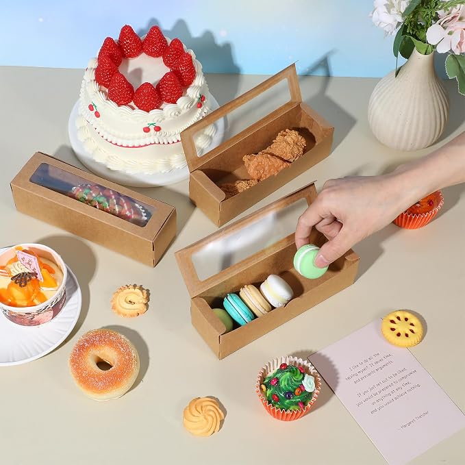 100 Pcs Macaron Boxes with Window Bakery Boxes Long Rectangle Treat Containers for Cookies, Donuts, Pastry, Cookies, Chocolate Covered Strawberry, Brown