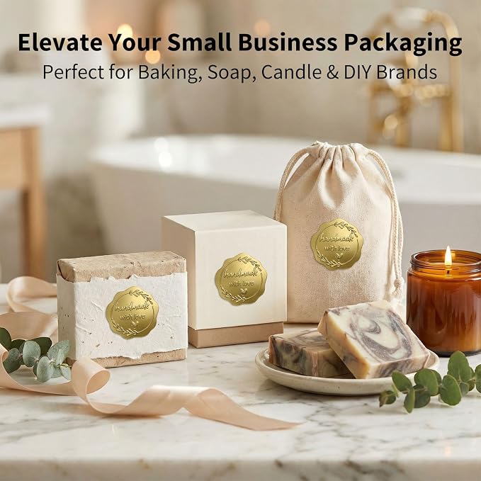 Handmade with Love Gold Foil Stickers, Pack of 100 Embossed Matte Gold Seals for Bakery Packaging, Treat Bags, Pastry Boxes, Small Business Thank You Labels for Gift Wrapping, 1.7 Inch (Gold)