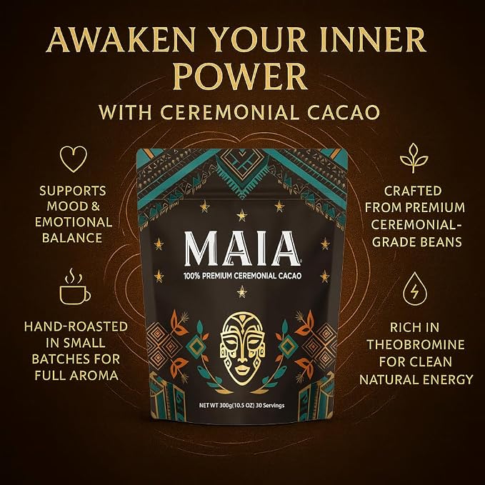 Maia Ceremonial Cacao, with Flavanol, Theobromine, Magnesium and Natural Flavonoids Blend, Improves Mental Clarity and Focus, 100% Organic Cocoa Powder, Unsweetened Cacoa Powder for Natural Energy & Mood Support (1)