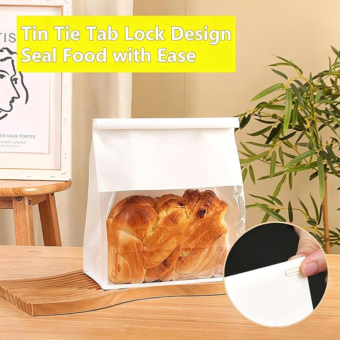 Heavy Duty Large Paper Bread Bags with Tin Tie Tab Lock 50pcs, Loaf Bag with Clear Front Window, Storage Packaging Treat Bag for Bakery Cafe Homemade Bread 10.6” × 4.3” × 8.7” - White