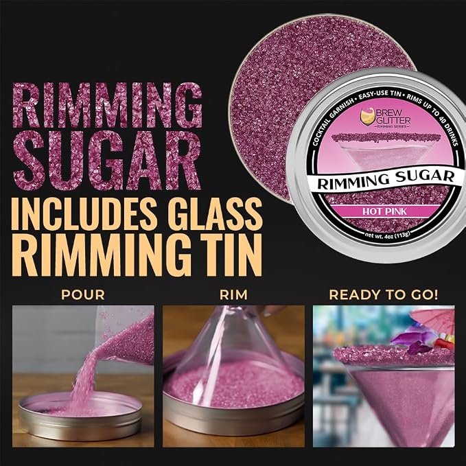 Brew Glitter - Neon Pink Rimming Sugar (4oz, 1x Bar Tin) Cocktail Garnish for Mixed Drinks & Refreshments