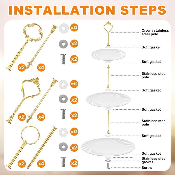 6 Sets 3 Tier Cake Stand Hardware Tiered Tray Plate Hardware Kit Heavy Metal Cake Fruit Food Plate Stand Fitting Stacking Kit for Serving Dessert Cupcake Dish Food(Cute,Gold)